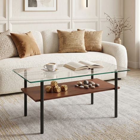 Mesa de Centro Rectangular con Tapa de Cristal y Estante de Almacenaje, Estructura Metálica, para Salón, Negro y Marrón (1/5)