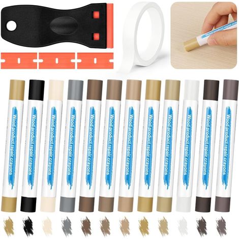 Bâtons De Cire pour Réparation De Bois, Kit Réparation Stratifié 12 Couleurs Kit de Réparation Pour Stratifié avec Raclette,Bâtons de Remplissage d e Bois,pour Réparer Rayures,Trous,Éclats-A (1/5)