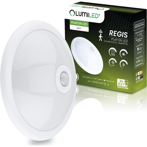 REGIS LED-Deckenleuchte, Aufputzmontage, 2x E27, Schutzart IP44, mit Bewegungs- und Dämmerungssensor, weiß, rund, 30 cm, LUMILED