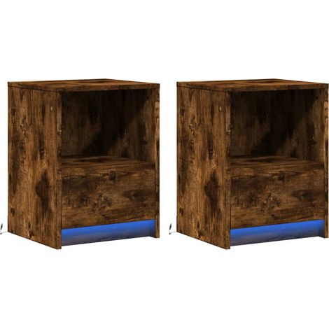 Set di 2 comodini con cassetto e LED in derivati del legno color rovere affumicato marrone DEC032842