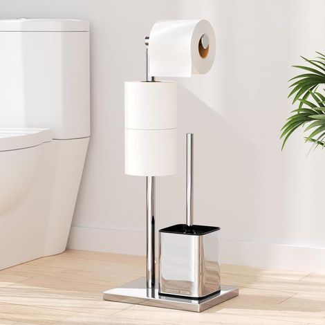 Porte Papier Toilette Avec Brosse WC - Support Papier Toilette Debout en Acier Inoxydable Avec Brosse de Toilette, Amovible, Porte Papier Toilette sur Pied Aucun Perçage Requis(Argenté Brillant) (1/5)