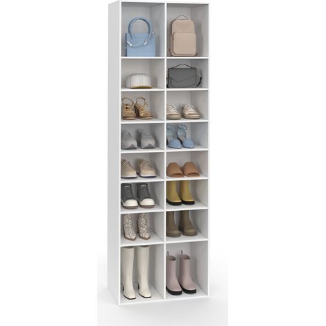 Idmarket – Etagère à chaussures 16 compartiments – Dimensions 52x32x165 cm – Panneaux de particules et MDF – Design moderne blanc