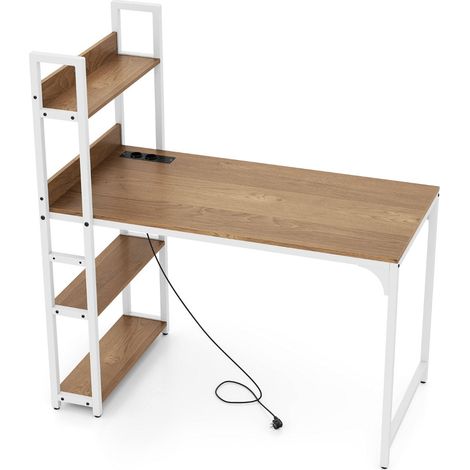 Bureau d'ordinateur multiprise avec bibliothèque 120 x 65 x 130 cm ergonomique moderne en métal bois marron