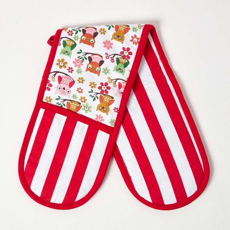 HOMESCAPES Red Owls Cotton Double Oven Glove