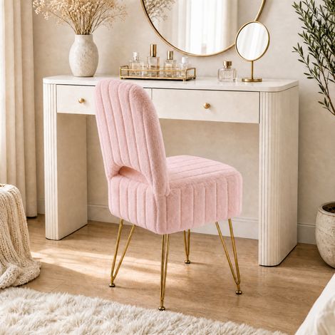 Tabouret de coiffeuse rembourré avec dossier rabattable et coffre de rangement – Pouf carré vanity compact, pieds métal – Rose, Small, Fausse fourrure effet lapin (1/5)