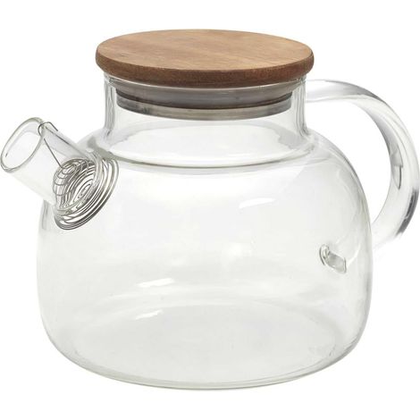 Théière en Verre 90cl - Couvercle Acacia - Résistante Chaleur - Thé Café Infusion - Salon Cuisine - Transparent (1/5)