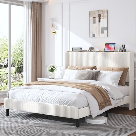 Cama matrimonio 160x200 tapizada en pana beige OKMYHOME (1/5)