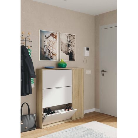 Dmora Zapatero con tres solapas y una puerta, color blanco y roble, capacidad 30 pares de zapatos, 106 x 115 x 22 cm, con embalaje reforzado (1/5)
