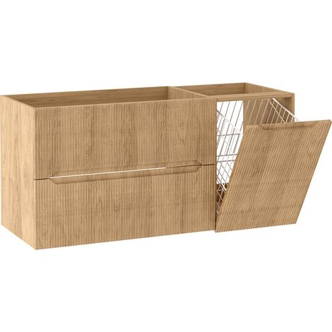 Meuble sous vasque suspendu avec panier à linge L.120 cm effet chêne Hikora façade rainurée NOVO Furnidea (1/5)