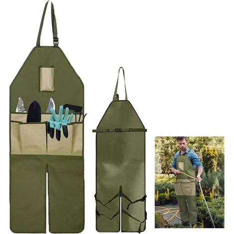 Delantal de jardinería, Delantal con perneras ajustables, Tejido Oxford impermeable, Con 6 bolsillos, Para trabajos de jardinería, Marrón (1/5)