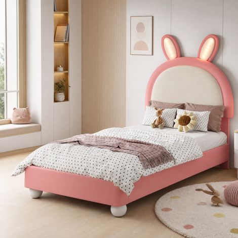 Letto singolo per bambini 90x200 cm, con testiera a coniglio e LED, in PU rosa e bianco, senza materasso (1/5)