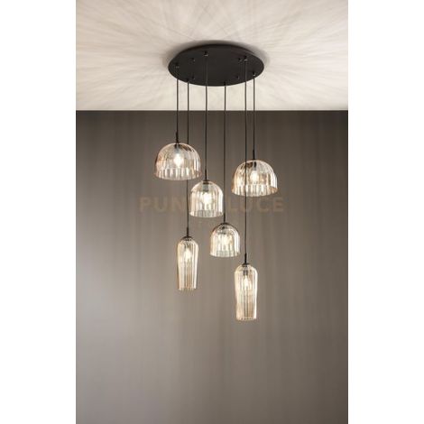 SOSPENSIONE PUCK BASE NERA VETRI AMBRA 6 LUCI ATTACCO E14 D.60CM