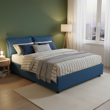 Dmora - Cama matrimonial Dmircol, Cama contenedor con revestimiento de tela, 100% Made in Italy, Apertura frontal, con colchón Cm 140x200 incluido, Azul (1/5)