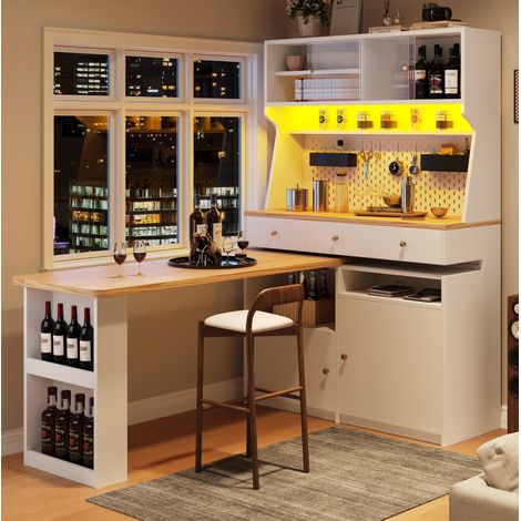 Mueble auxiliar de cocina (137x45x178 cm), con puertas correderas de vidrio, estantes regulables, luz LED, MDF, blanco (1/5)