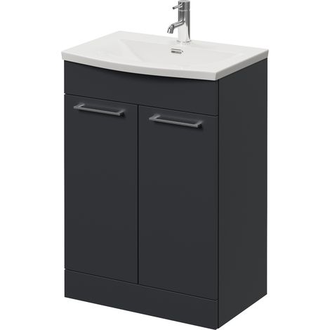 Napoli 390 Gloss Grey 600mm 2 Door Vanity Unit with Arc Basin - 600mm - Chrome 160mm Handle