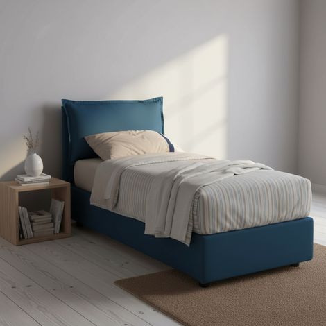 Talamo Italia - Letto singolo Aigor, Letto contenitore con rivestimento in tessuto, 100% Made in Italy, Apertura frontale, adatto per materasso Cm 90x190, Blu (1/5)