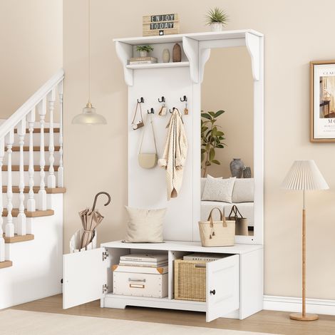 Meuble d'Entrée avec Miroir, 2 Armoires, Étagères et 5 Patères, Banc à Chaussures, Fermeture Douce, MDF Blanc (1/5)