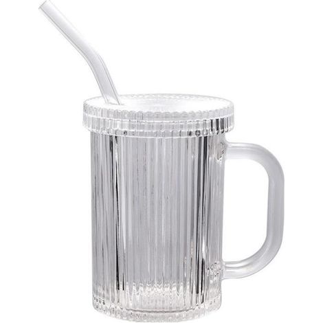 1 Gobelet,Verre côtelé,Couvercle et paille,390 ml,Design vintage,Café glacé et jus (1/4)