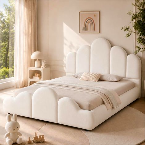 Lit enfant rembourré 140x200 cm, cadre fermé à coins arrondis, tête de lit rembourrée, pied de lit forme nuage, velours beige (1/5)