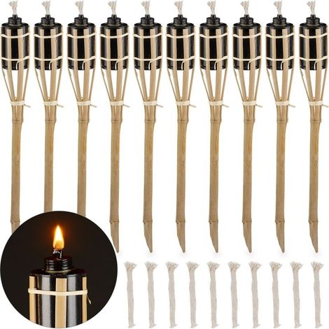 Lot de 10 torches à huile en bambou Éclairage extérieur décoratif Mèches de rechange incluses Hauteur 50 cm (1/5)