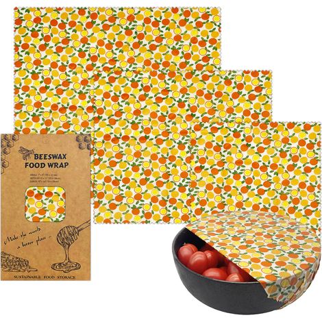 Lot de 3 lingettes alimentaires en cire d'abeille avec imprimé orange et citron en trois tailles petite, moyenne et grande, emballage alimentaire réutilisable sans plastique pour fruits, pain et plats (1/4)