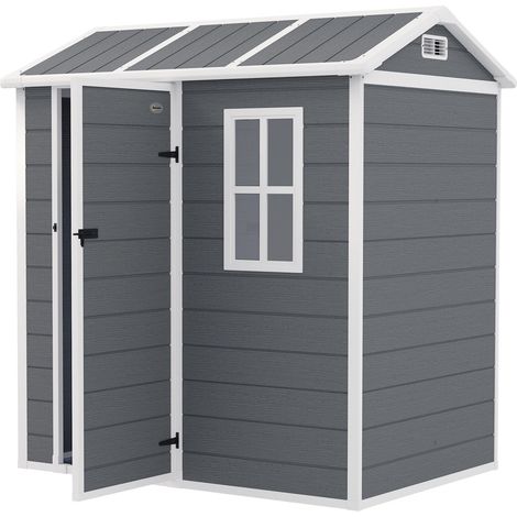 Cobertizo para herramientas de plástico, 2,1 m², 186 x 130 x 199 cm, cobertizo para herramientas con techo a dos aguas, suelo, ventana, puerta con cerradura, resistente a la intemperie, cobertizo para