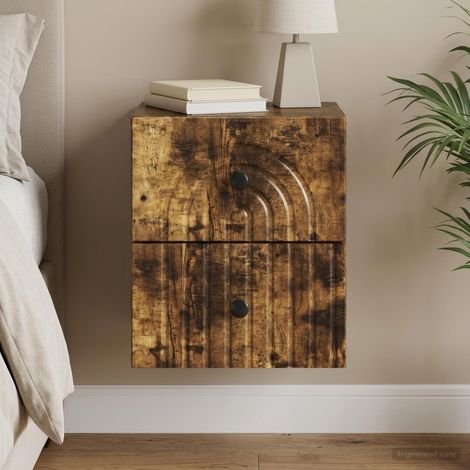 Table de chevet murale à 2 tiroirs en bois d’ingénierie chêne fumé 33 x 34,5 x 40 cm - PANGIVO (1/5)