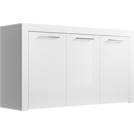 Muebles Bonitos – Buffet bas 3 portes – Poignées inox – Largeur 144 cm – Hauteur 80 cm – Profondeur 42 cm – Meuble de rangement blanc brillant (1/4)