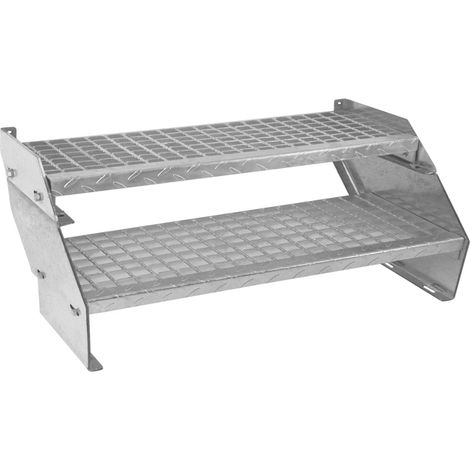 Scala in metallo a 2 livelli regolabile in altezza 90 cm di larghezza Acciaio zincato argento 2 gradini regolabili Griglia resistente alle intemperie Spessore asta 5 mm Kit di fissaggio GRATUITO (1/5)