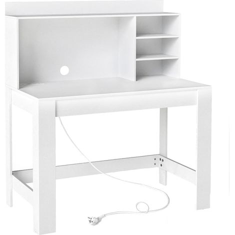 Bureau d'ordinateur avec bibliothèque 108 x 60 x 75 cm avec prise intégrée et étagères modernes en MDF blanc