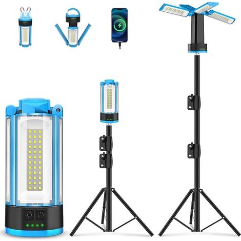 Lampe de construction rechargeable LED avec trépied extensible, projecteur LED rechargeable 10400 mAh avec port USB/Type-C, 6000 K High/Middle/Low/SOS Modèle feu de travail pour le camping Garage Site (1/5)