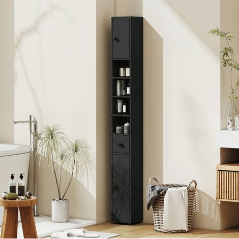 MODFU – Columna de baño 20x20x180 cm de aglomerado con 2 armarios, cajón y 4 estantes, estantes regulables y antivuelco – Negro (1/5)