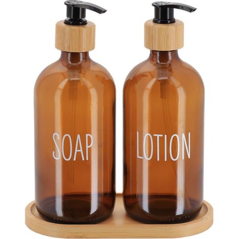 Set de 3 accessoires comprenant 2 distributeurs en verre 500 ml et 1 plateau bambou - ambre translucide - Tendance (1/3)