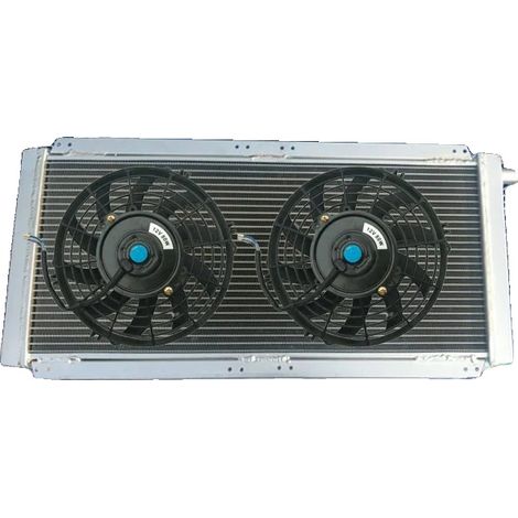Radiador de aluminio, tamaño del núcleo 600 mm x 270 mm, tamaño total 745 mm x 335 mm, salida izquierda de 33 mm, salida derecha de 33 mm, incluye 2 ventiladores de 10". (1/5)