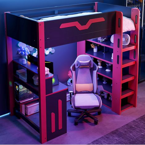 Letto a soppalco 90x200 cm nero e rosso in pino e MDF con scrivania, LED e scala contenitore (1/5)
