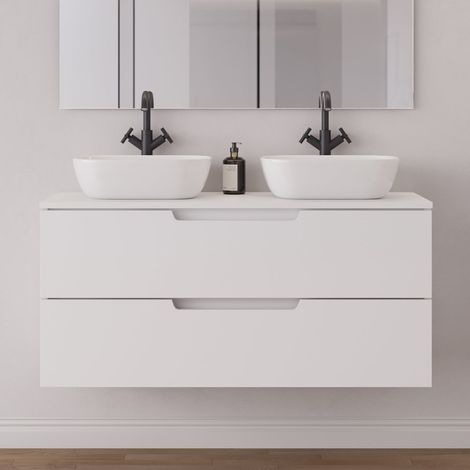 Meuble de salle de bain 120cm avec plateau et 2 vasques à poser arrondies - 2 tiroirs - sans miroir - blanc mat - SONRIZA (1/5)