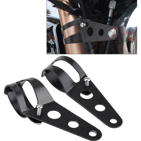 Support universel de phare moto en acier inoxydable, paire de supports noirs, montage standard, compatible divers modèles. (1/5)