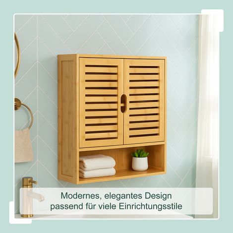 Relaxdays Hängeschrank Bad, 3 Fächer, HBT: 66 x 59 x 21 cm, Lamellentüren, Magnetverschluss, schmaler Wandschrank, natur