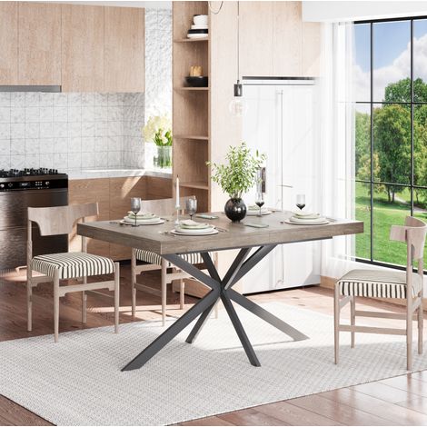 Table à manger extensible grise 140-180 cm avec rangement caché, plateau MDF et piètement métal en X (1/5)