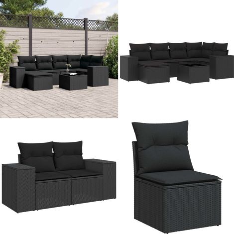 7-tlg. Garten-Sofagarnitur mit Kissen Schwarz Poly Rattan - Gartenmöbel Set - Esstisch - Lounge Möbel - Rattan Gartenmöbel - Outdoor Möbel - Home & Living (1/5)