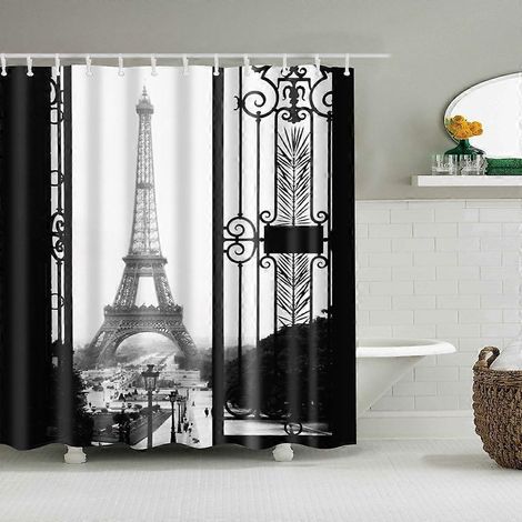 Vintage Duschvorhang aus wasserdichtem Stoff mit Eiffelturm-Motiv, Paris, Badezimmerdekor, 7
