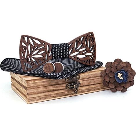 Noeud Papillon en Bois Sculpté Fait à la Main - HZDHCLH - Taille Réglable - Cadeau Homme Mariage Fête Noir-Ywey (1/4)