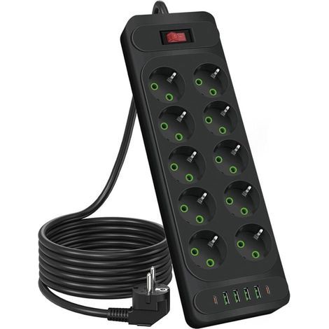 Multiprise 10 prises 2500 W avec interrupteur, rallonge de 1,8 m, pour smartphones et tablettes, noir (1/4)