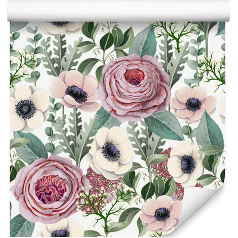 Papel pintado de rosas, anémonas y hojas de eucalipto para salón y dormitorio, 50x1000 cm. (1/5)