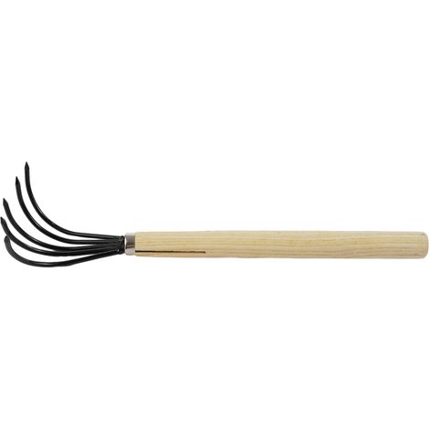 Rastrillo de mano de 5 púas con mango largo de madera, herramienta de jardinería indeformable, ideal para aflojar o desherbar la tierra. (1/2)