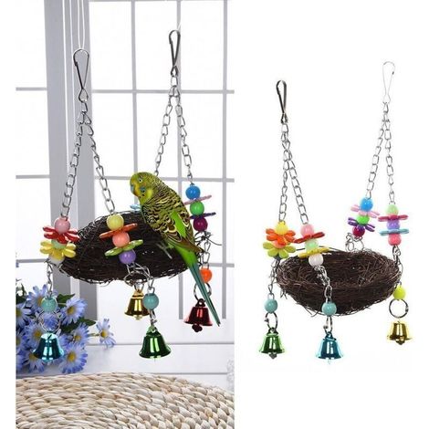 Balançoire pour Oiseaux en Rotin Naturel, avec Cloches et Perche, pour Perroquets et Perruches (12cm) (1/4)