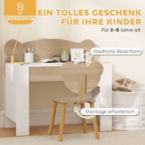 Bureau enfant en bois naturel avec chaise, table à dessin et tiroir pour garçons et filles, ensemble pupitre scolaire en forme d'ours, meuble d'étude compact pour chambre d'enfant. (1/5)