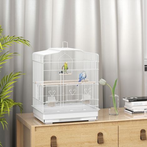 Cage à oiseaux au design vintage pour petites espèces d’oiseaux,avec accessoires 46,5 x 36 x 59 cm Acier,bois,blanc+naturel
