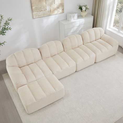 Divano modulare 4 posti con ottomana, forma a conchiglia, seduta profonda, tessuto beige bianco (1/5)