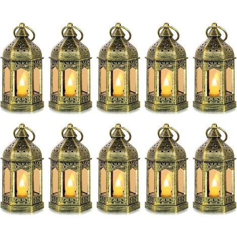 Mini Lanterne LED Exterieur - Lot de 10 Lanterne Bougie doré Decorative Bougeoir pour Halloween, Mariage, Noel, Decoration de Table, Piles Incluses (1/5)